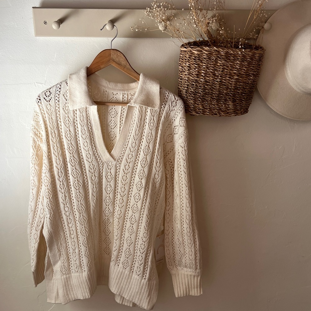NWT Commence White Collared Eyelet Jumper Sweater Size L